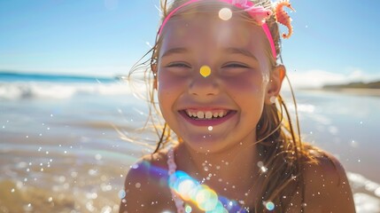 Tiny Smiling Girl Playing in the Ocean at the Beach, To convey a sense of joy, fun, and summertime recreation, appealing to advertisers, travel - obrazy, fototapety, plakaty