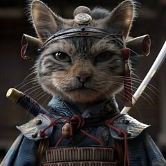 Portrait Of  A Japanese Style Samurai Cat