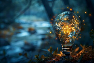 A light bulb is lit up in a forest setting
