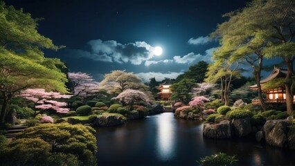 Fototapeta premium Enchanting atmosphere when you are looking at the full moon in the night sky, surrounded by the beauty of the Japanese garden