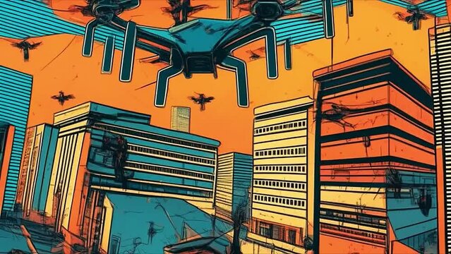 Abstract animation of drones all over the city. Pop art style
