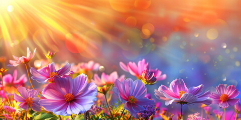 beautiful spring flowers background wallpaper,
crocus flowers against a sunshine background, banner, empty space for text