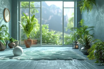 A room with a large window and a view of mountains