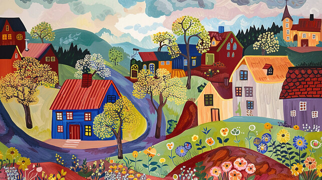 Colorful Quaint Village Artistic Illustration