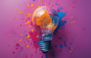 A light bulb is surrounded by colorful paint splatters