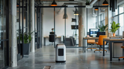 Telepresence robot in office, remote interaction, digital connection, modern workplace, space for copy - obrazy, fototapety, plakaty