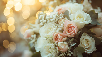 Romantic Wedding Bouquet with White and Peach Roses Bokeh Background