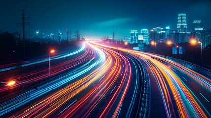 blurred traffic background banner at night, Long exposure light .