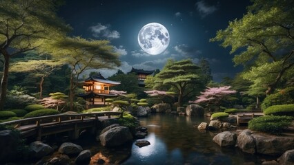 Enchanting atmosphere when you are looking at the full moon in the night sky, surrounded by the...