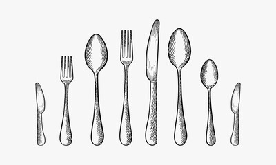 Cooking. Hand-drawn set of kitchen tools - spoon, fork, knife, bottle opener, teaspoon - obrazy, fototapety, plakaty