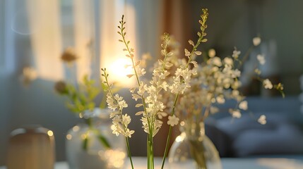 Golden Hour Sunlight Through Delicate White Flowers Interior Decoration