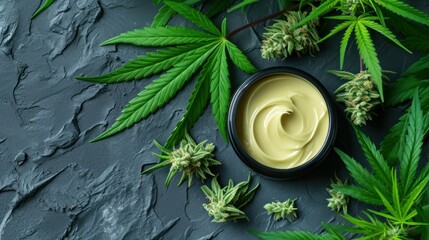 Jar of hemp white lotion. Cannabis cream with marijuana leaf - cannabis concept. Flat lay, top view - obrazy, fototapety, plakaty