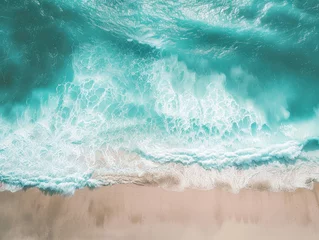 Fotobehang Aerial Shot of Turquoise Waves Crashing on Sandy Beach © evening_tao