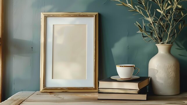 Cup of coffee, books and empty picture frame mockup on wooden desk, table