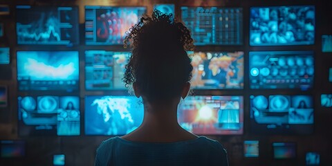 Woman immersed in digital world surrounded by screens displaying diverse multimedia. Concept Digital Art, Technology, Multimedia, Virtual Reality, Connected Society