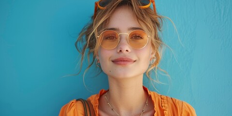 young Caucasian woman radiates beauty and happiness, sporting trendy sunglasses and a relaxed demeanor against a bright background.