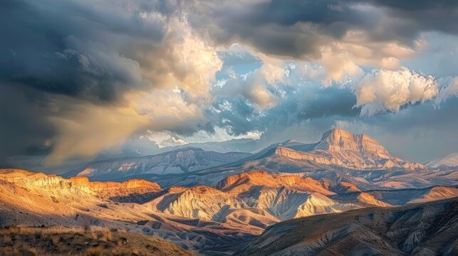 Majestic mountains rise against a dramatic, cloudy sky.