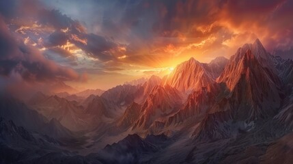 Majestic mountains rise against a dramatic, cloudy sky.