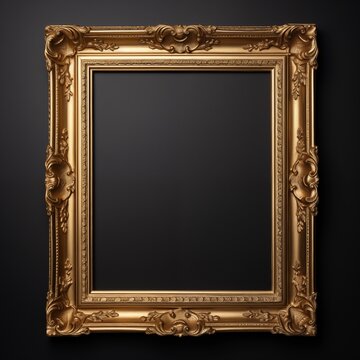 The antique gold frame for a painting on the black background