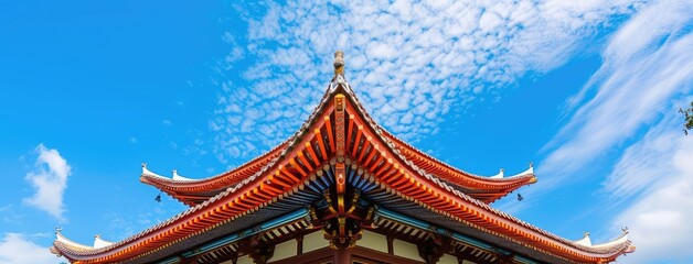 Traditional Asian Temple Rooftop against Blue Sky - obrazy, fototapety, plakaty