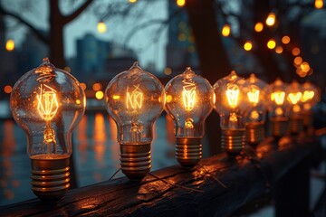 A row of light bulbs are lit up and are hanging from a wooden post - Powered by Adobe