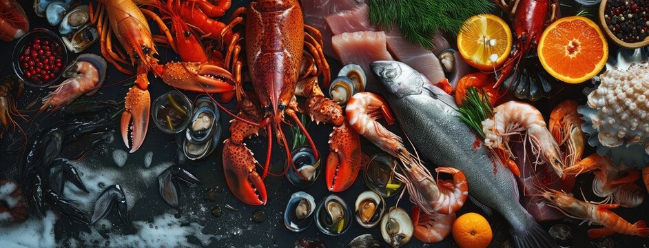 Gourmet Seafood Variety on Dark Ice Background