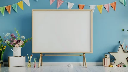 Foto op Canvas Empty Whiteboard And Colorful Pennants On Blue Wall © Color Crafts