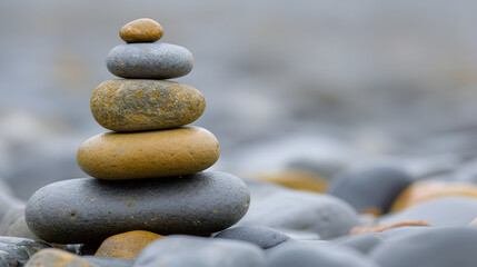 Fototapeta na wymiar Balanced Zen Stones on Pebble Beach Meditation Concept