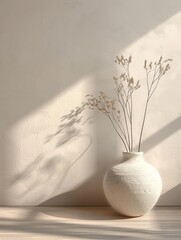 A white vase with flowers sits on a wooden table in a room with a white wall