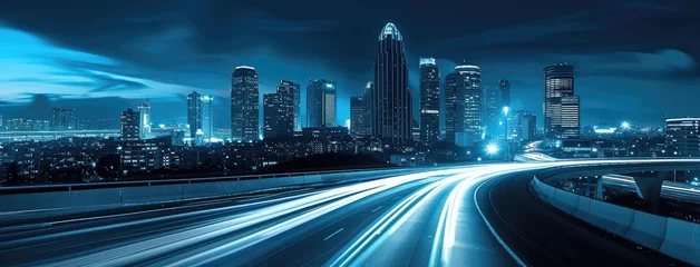 Foto op Plexiglas Futuristic Cityscape with Glowing Traffic at Night © evening_tao
