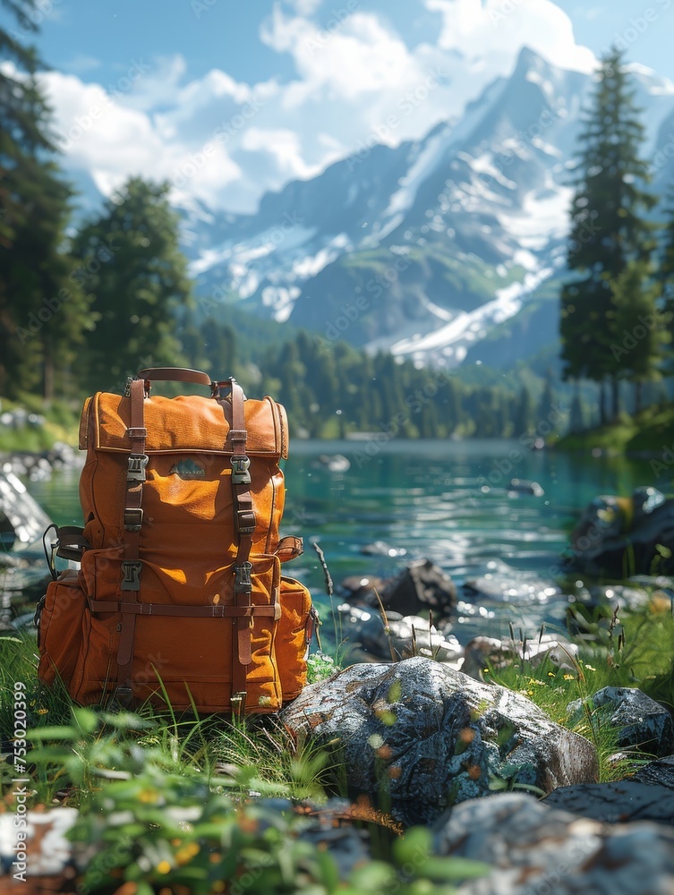 Wall mural A large orange backpack is sitting on the grass next to a body of water