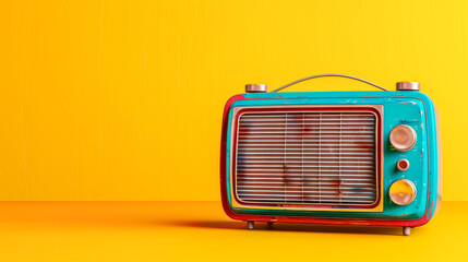 Vintage radio on vibrant yellow background, copy space