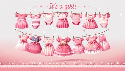 Whimsical Baby Girl Clothesline Announcement Illustration