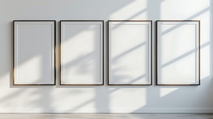 four blank picture frame mockups on a wall, room interior