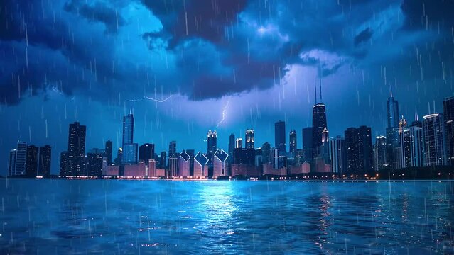 lightning strike on water at night lake. cityscape at night with rain and ligthning seamless looping overlay 4k virtual video animation background