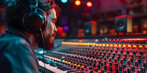 Music producer finetunes sound levels on mixer with headphones aided by technology. Concept Music...
