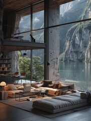 A large living room with a view of mountains and a lake