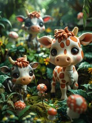 Naklejka premium Three small giraffes are standing in a field of mushrooms