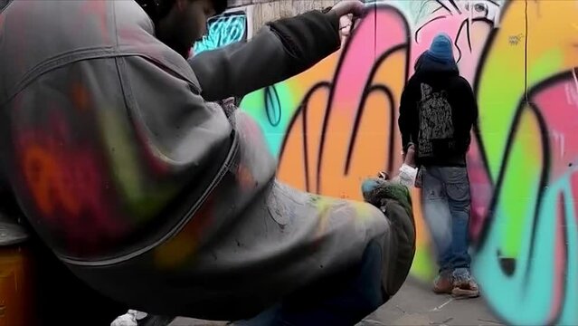 Animation graffiti artists painting on a street wall. Street art