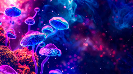 Vibrant bioluminescent mushrooms in a mystical forest setting with neon lights