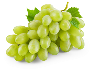 Grapes transparent PNG. Green grapes isolated on transparent or white background. Green grape with leaves.