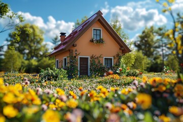 A small house with a red roof sits in a field of yellow flowers