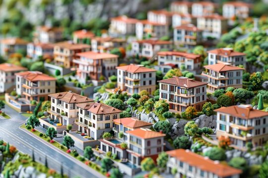 A model of a neighborhood with houses and trees