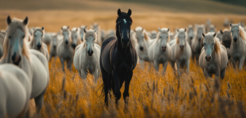 Caballo negro entre caballos blancos - obrazy, fototapety, plakaty