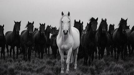 Caballo blanco entre caballos negros