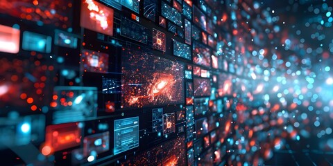 Montage of screens showing various digital media in a tech setting. Concept Tech Office, Digital Screens, Media Montage, Technology Showcase, Modern Workspace