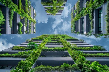 A tall building with green plants growing on its exterior