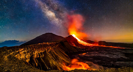 星夜に揺れる火山の影 - obrazy, fototapety, plakaty