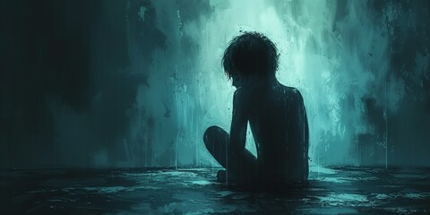 In a dark, grunge setting, a depressed and lonely naked child sits, expressing deep sadness.