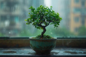 A small tree is in a green bowl on a windowsill
